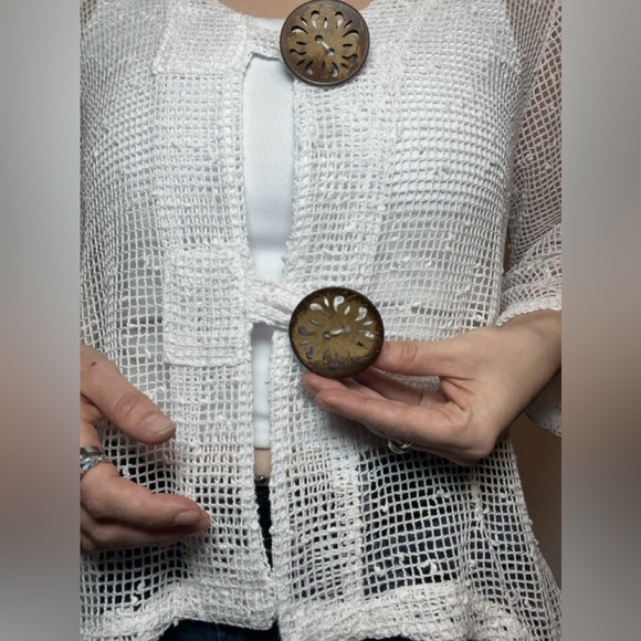 Nina Leonard White Open Knit Button Front Cardigan Boho Layering Top - Picture 5 of 11